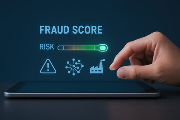 Fraud score concept with risk level indicator and hand interacting on digital tablet illustrating machine learning across industries concept