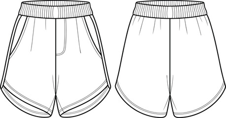 CAD Drawing Flat Vector Illustration of Athletic Shorts, Front and Back View, Side Panels, Curved Hemline, Elastic Waistband, Sportwear Garment Design