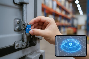 Hand holding RFID key near metal lock warehouse with digital location concept illustrating machine learning across industries concept for security