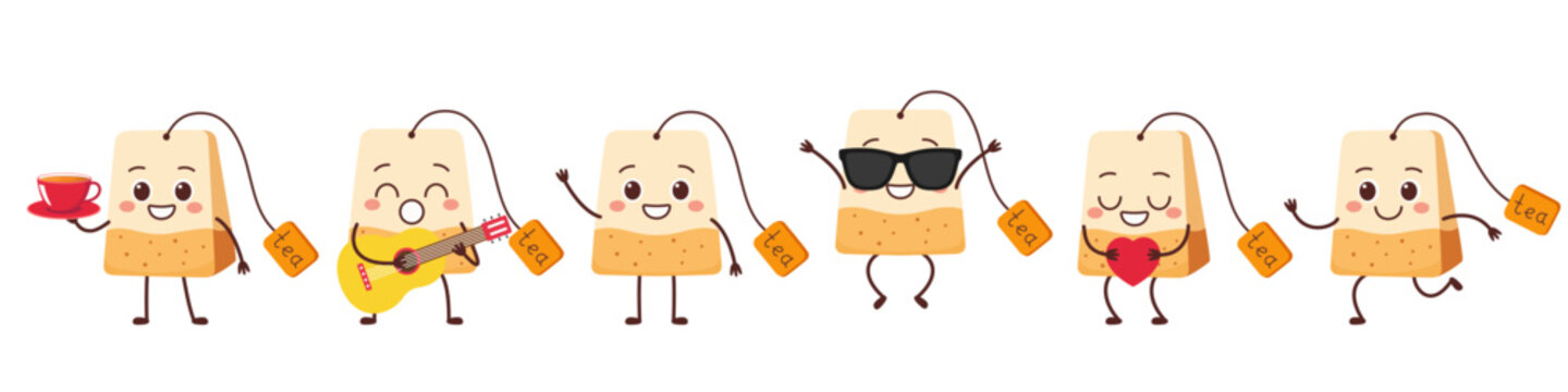 Set of tea bags character cartoon emotions joy, happy, smile, love, plays the guitar sings, jump, run, beautiful vector illustration.