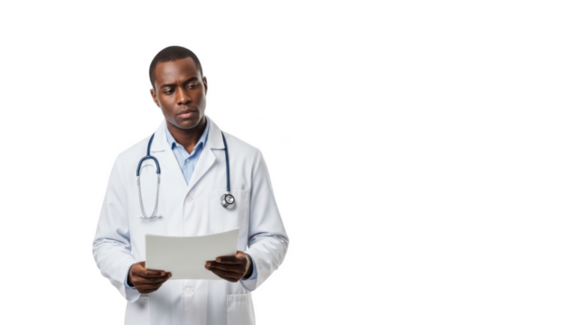 A male doctor in a white lab coat holding a piece of paper, against transparent background