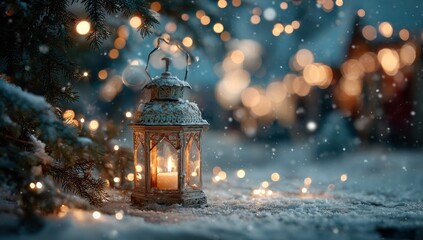 A vintage lantern with a glowing candle is placed on the snow-covered ground at Christmas.