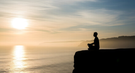 Silhouette Person Meditating on Cliff Over Calm Ocean at Sunrise