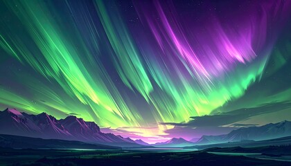 Spectacular Aurora Borealis Display A Vibrant Night Sky of Green and Purple Hues Over Mountains