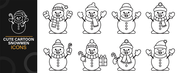 Adorable cartoon snowman characters in black and white vector line art style