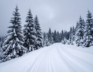 Snowy road curves through a forest of evergreens on a overcast day