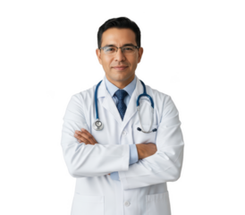 A male doctor in a white lab coat with crossed arms, wearing glasses and a stethoscope, against transparent background