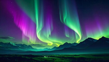 Celestial Symphony Mesmerizing Aurora Borealis Dancing with Vibrant Green and Purple Hues Over Majestic Mountain Peaks at Night, a Breathtaking Natural Light Show