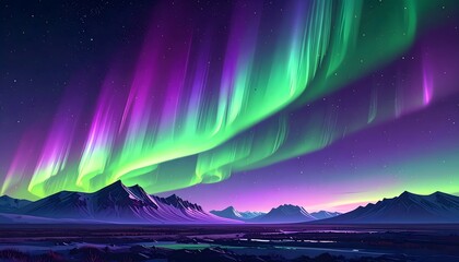 Awe-Inspiring Aurora Borealis Drapes a Vibrant Green and Purple Celestial Light Show Across a Serene Mountainous Arctic Night Landscape, Illuminating the Frozen Wilderness with Ethereal Beauty