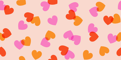 Abstract seamless cute colorful pattern of multicolored transparent hearts on a light background, overlapping effect; Valentine's Day background; vector illustration, flat style