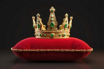 Royal Gemstone Crown on Velvet Pillow A highly detailed, photorealistic image of an ornate, antique royal crown made of polished gold, heavily encrusted with large, multifaceted diamonds, rubies, and