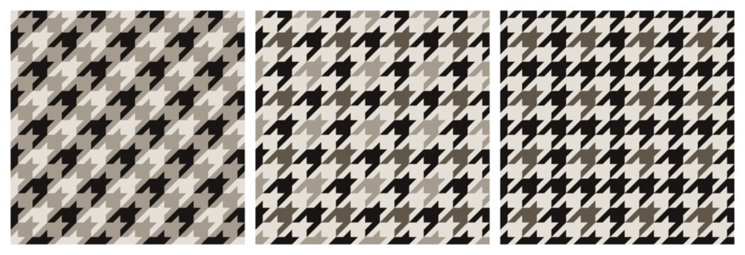 Set of abstract modern monochrome seamless geometric houndstooth patterns in gray on light background, simple vector illustration, flat style