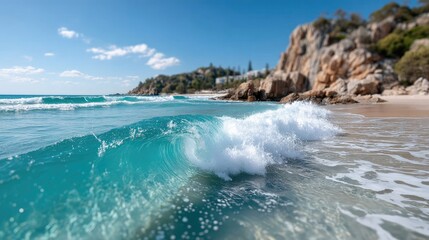 Ocean Wave Crashing On Sandy Beach With Rocky Shoreline And Blue Sky On A Sunny Day
