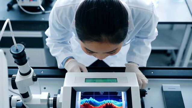 Female Asian Scientist Analyzing Data with Microscope in Laboratory