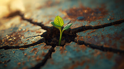 Krupnyy plan zelonogo rostka, prorastayushchego skvoz' tresnuvshuyu metallicheskuyu poverkhnost' 3D-kontsept mnogorazovoy butylki dlya vody iz prozrachnogo kristallicheskogo materiala s otbleskami i