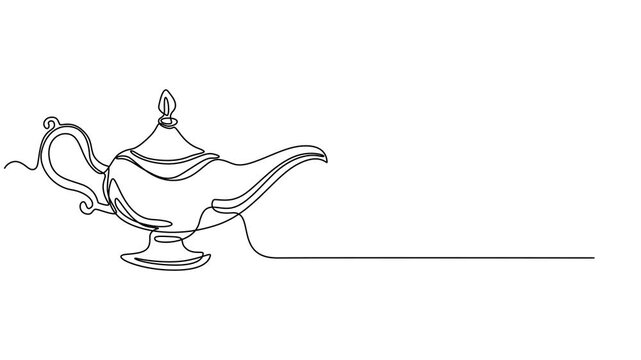 magic lamp continuous one line drawing animation, Continuous line design of aladdin magic teapot. Decorative elements drawn on a white background, gin lamp one line vector design flat vector icon