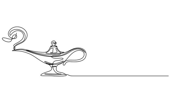 magic lamp continuous one line drawing animation, Continuous line design of aladdin magic teapot. Decorative elements drawn on a white background, gin lamp one line vector design flat vector icon