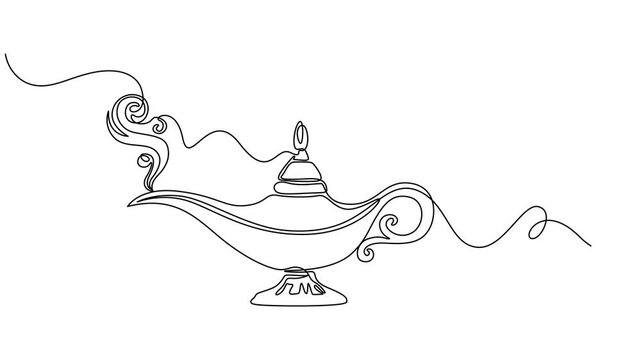 magic lamp continuous one line drawing animation, Continuous line design of aladdin magic teapot. Decorative elements drawn on a white background, gin lamp one line vector design flat vector icon