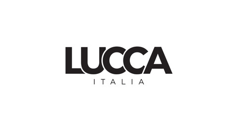 Lucca in the Italia emblem. The design features a geometric style, vector illustration with bold typography in a modern font. The graphic slogan lettering.