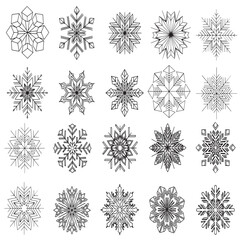 A comprehensive set of 20 hand-drawn snowflake icons or elements in a black and white outline style. Vector illustration featuring unique geometric designs, perfect for Christmas, winter decoration