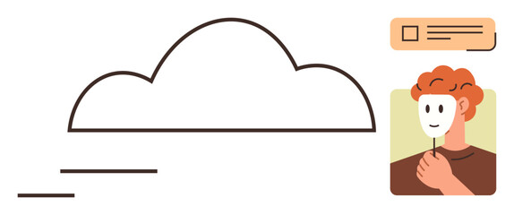 Person holding a mask near cloud shape and digital content box suggesting online identity, data security, privacy. Ideal for technology, anonymity, cybersecurity, authenticity, self-expression, cloud