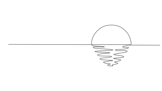 Sunset, one line drawing animation. Video clip with alpha channel, Video. A continuous line of of sunny ocean view Summer travel concept. Sun weather minimalist one line art. Animation on white.
