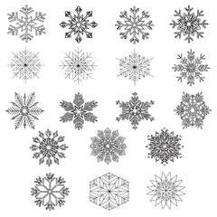 A pack of 20 line art snowflake illustrations with various symmetrical designs. Ideal for clip art, backgrounds, or design elements that require an elegant Christmas and winter atmosphere.
