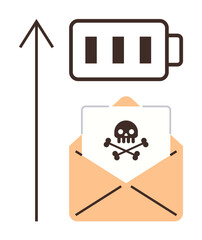 Envelope with skull and crossbones, upward arrow, and battery indicator conveying cyber risks increasing concern. Ideal for digital security, hacking, data breach, phishing, cybercrime, malware