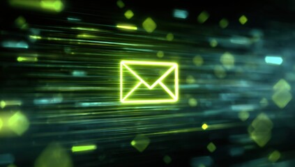 Glowing lime green email icon with a digital background.