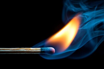 Matchstick ignited on black background emitting flame and smoke Generative AI