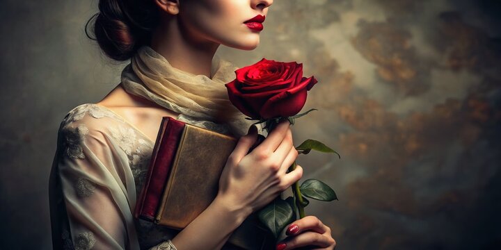 Elegant Woman Holding a Rose and Bible in a Fashionable Setting
