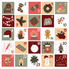 Cute Christmas advent calendar with 25 festive illustrations &mdash; gifts, wreaths, candles, stockings, and winter decorations. Cozy holiday design for cards, posters, and seasonal projects.