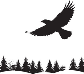 Fototapeta premium Silhouette of an eagle flying over the forest in minimal design.