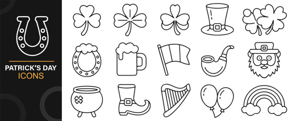 Irish themed decorative icons pack with clovers, flag, and rainbow in outline design