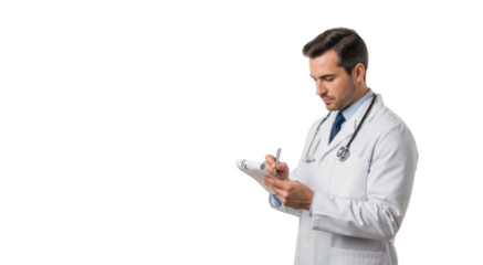 A male doctor in a white lab coat holding a pen and a piece of paper, against transparent background