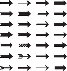 Set of 25 black right-pointing arrow icons with varied heads, shafts, and tails vector illustration for UI and signage themes