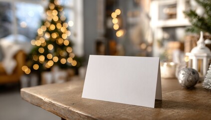A blank white greeting card with a blurred background of Christmas decorations.