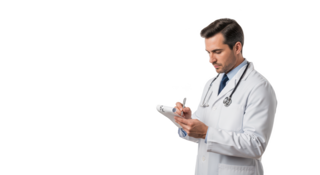 A male doctor in a white lab coat holding a pen and a piece of paper, against transparent background