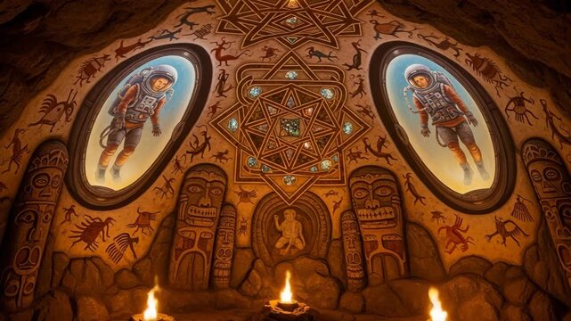 Ancient Cave with Rock Art Paintings of Astronauts and Geometric Symbols Mysterious Petroglyphs Suggesting Ancient Alien Contact Theory Concept Art

