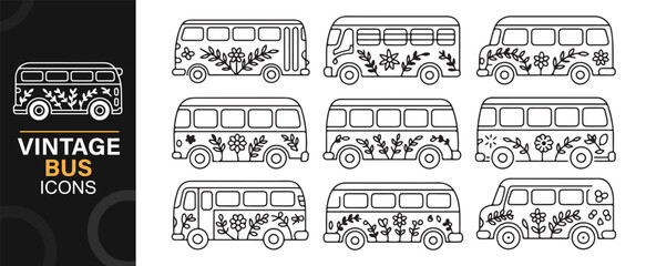 Classic 60s camper van outline icons, black and white floral vehicles