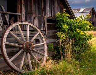 Rustic wooden wheel against weathered barn, with foliage and another structure in the distance