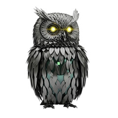 Fototapeta premium Metallic Owl Sculpture 3D Render Illustration on Transparent Backdrop
