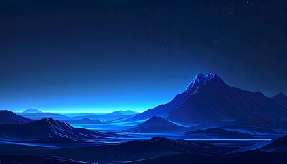 Vast nocturnal mountain landscape under a starlit sapphire sky, showcasing an ethereal blue wilderness with majestic peaks and serene valleys bathed in twilight's soft glow