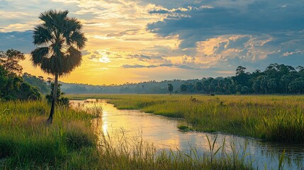Cambodia landscape Mekong lowlands and ancient temples beautiful nature view