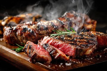 Grilled premium beef pieces with smoke.