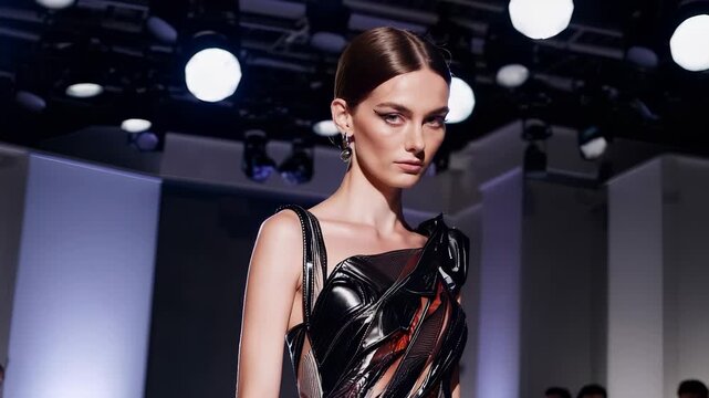 A woman showcases a striking black outfit featuring unique textures and patterns in a fashion setting. The black outfit catches attention, highlighting the woman's elegance and sty