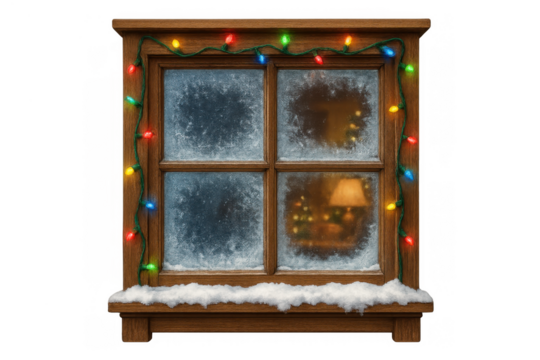 Wooden window with frosted glass decorated with colorful christmas lights during winter holiday season, transparent background