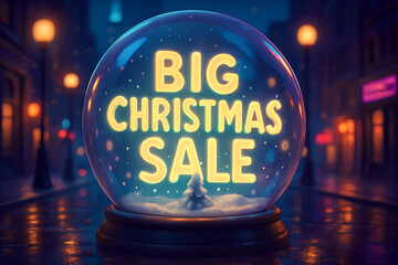 Magical christmas snow globe featuring big sale announcement on a festive city street at night