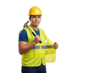 A man wearing a yellow hard hat and a reflective vest holding a wrench, against transparent background