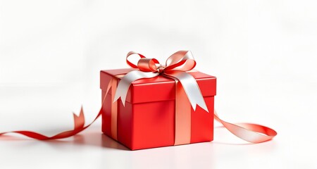 Luxury red gift box with beautiful ribbon on white background